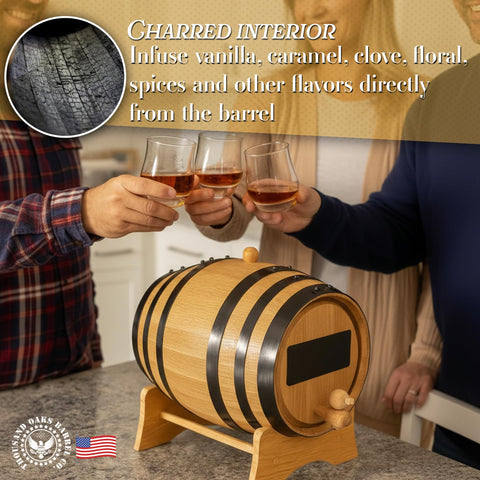 THOUSAND OAKS BARREL on wooden stand showing compact 2 liter size for small spaces