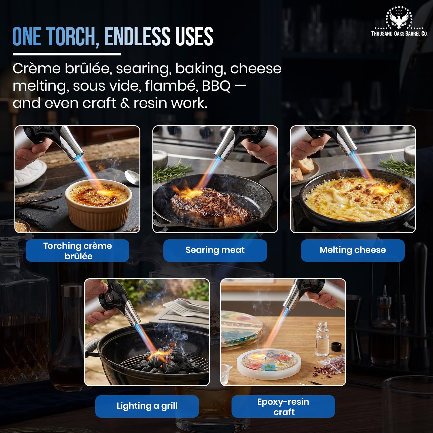 THOUSAND OAKS BARREL torch shown in hand to demonstrate portable size and scale
