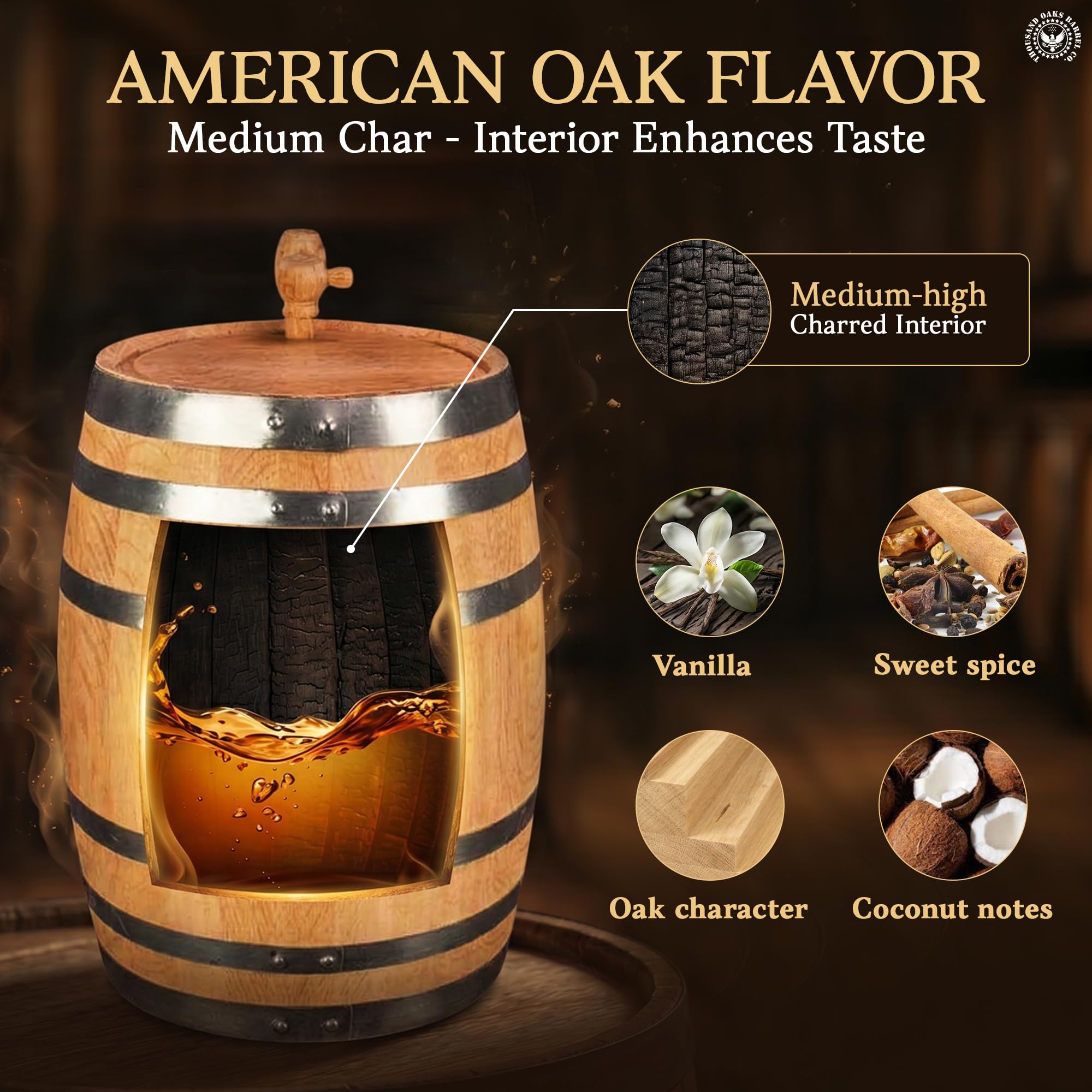 THOUSAND OAKS BARREL on wooden stand with spigot for easy dispensing