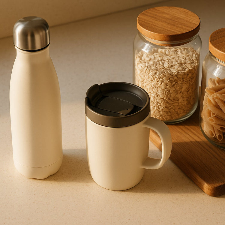 Kitchen worktop with insulated bottle, travel mug and storage jars