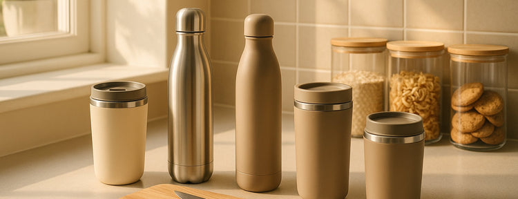 Kitchen worktop with insulated bottles, travel mugs and glass storage jars
