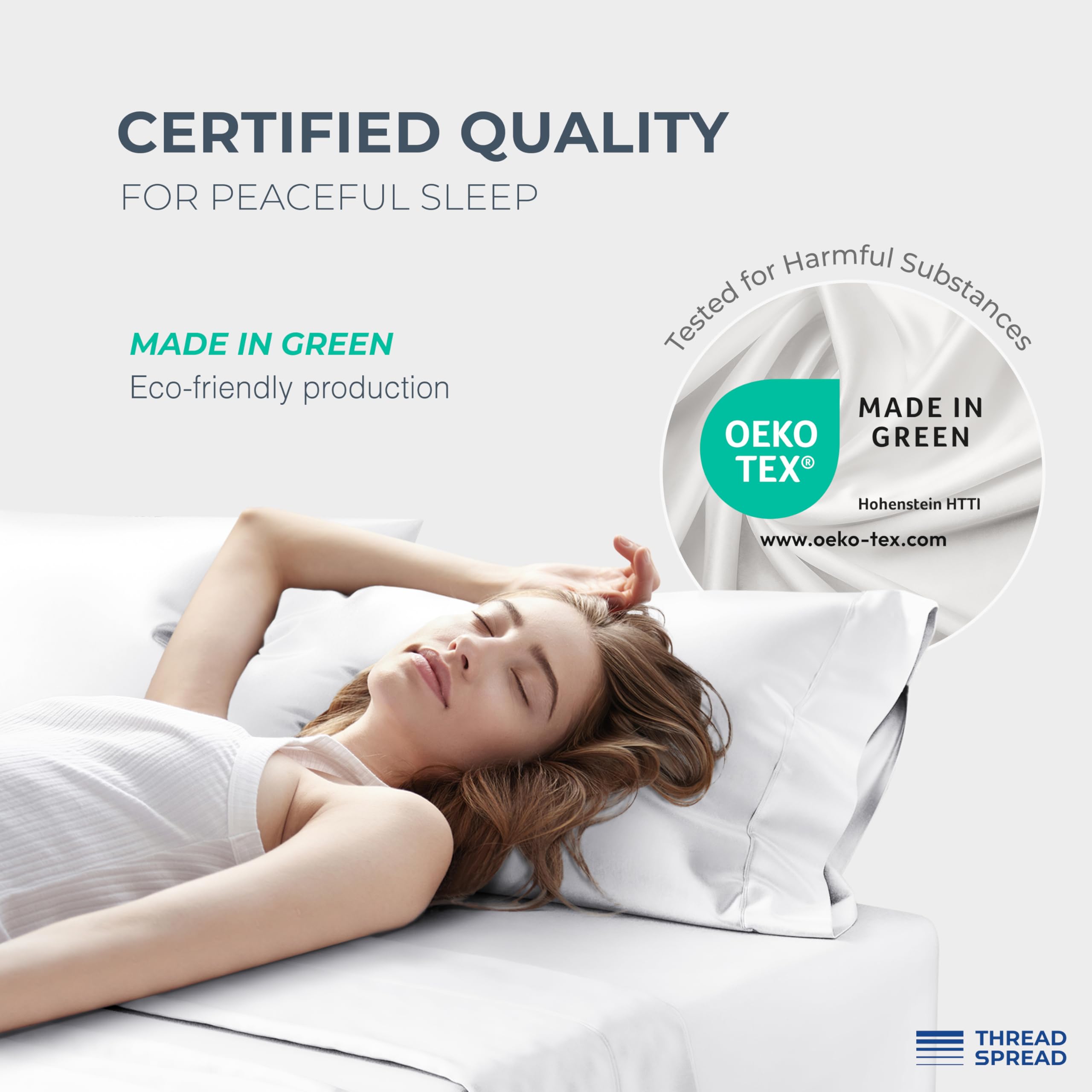 THREAD SPREAD fabric edge and label showing OEKO-TEX certified quality and finish