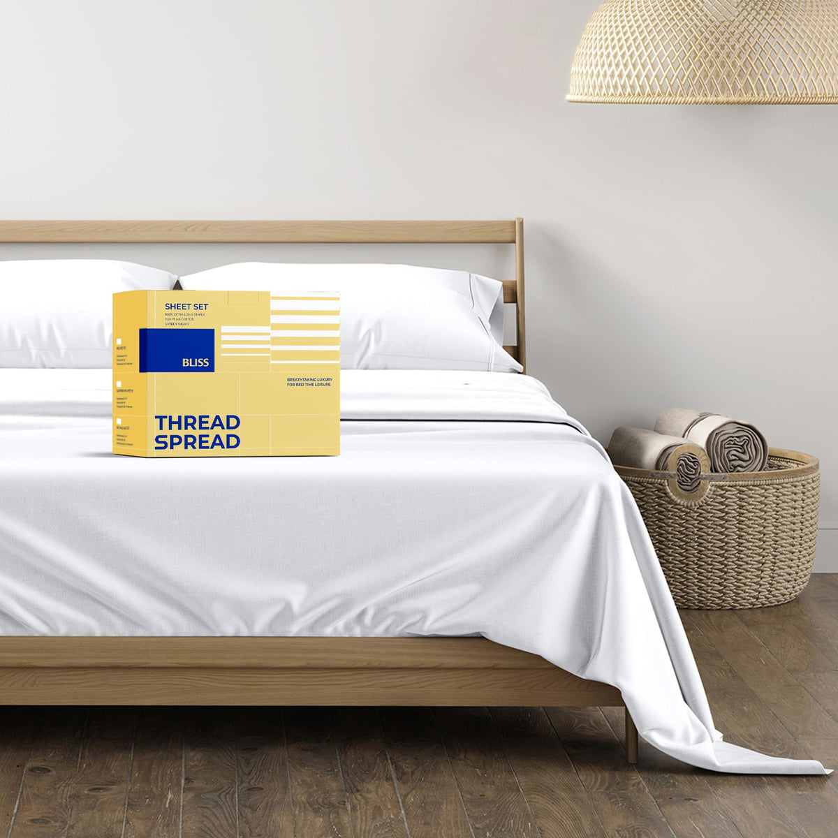 THREAD SPREAD king sheet set front packaging showing complete four-piece set and benefit of luxury feel