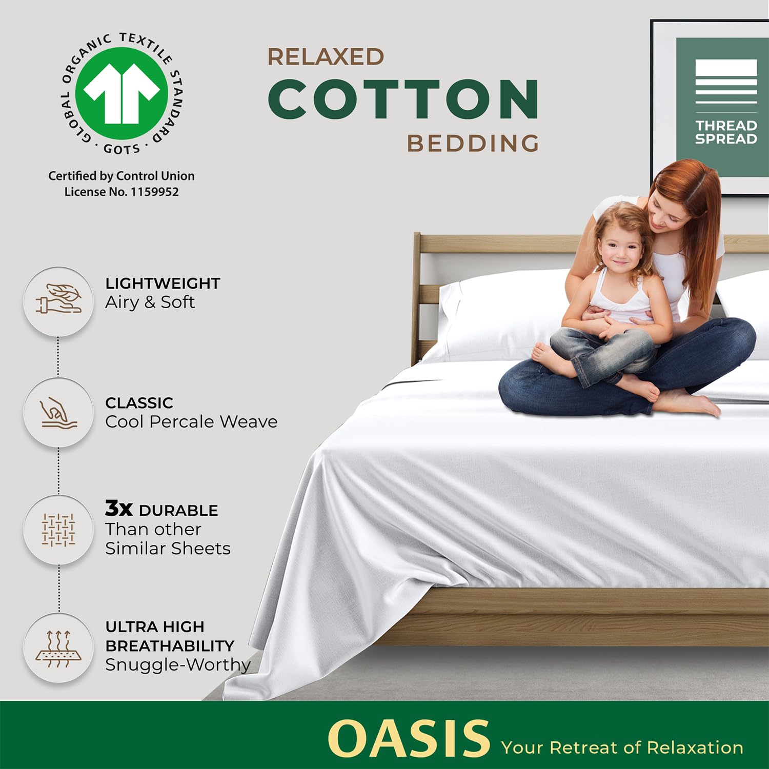 THREAD SPREAD flat sheet and pillowcases laid flat showing crisp finish