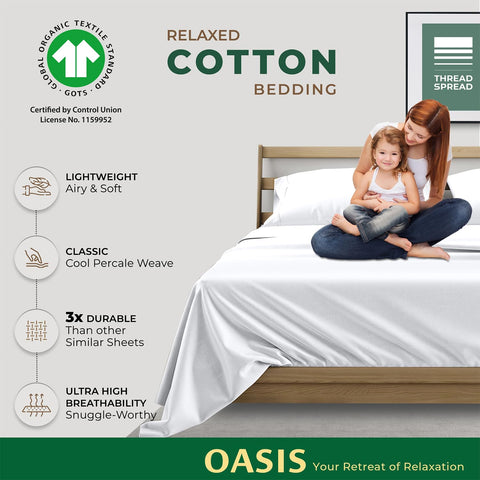 THREAD SPREAD flat sheet and pillowcases laid flat showing crisp finish