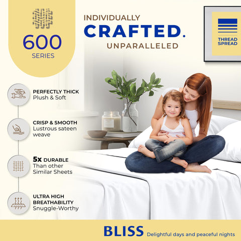 THREAD SPREAD sheets styled on a made bed in a bedroom showing hotel-quality appearance