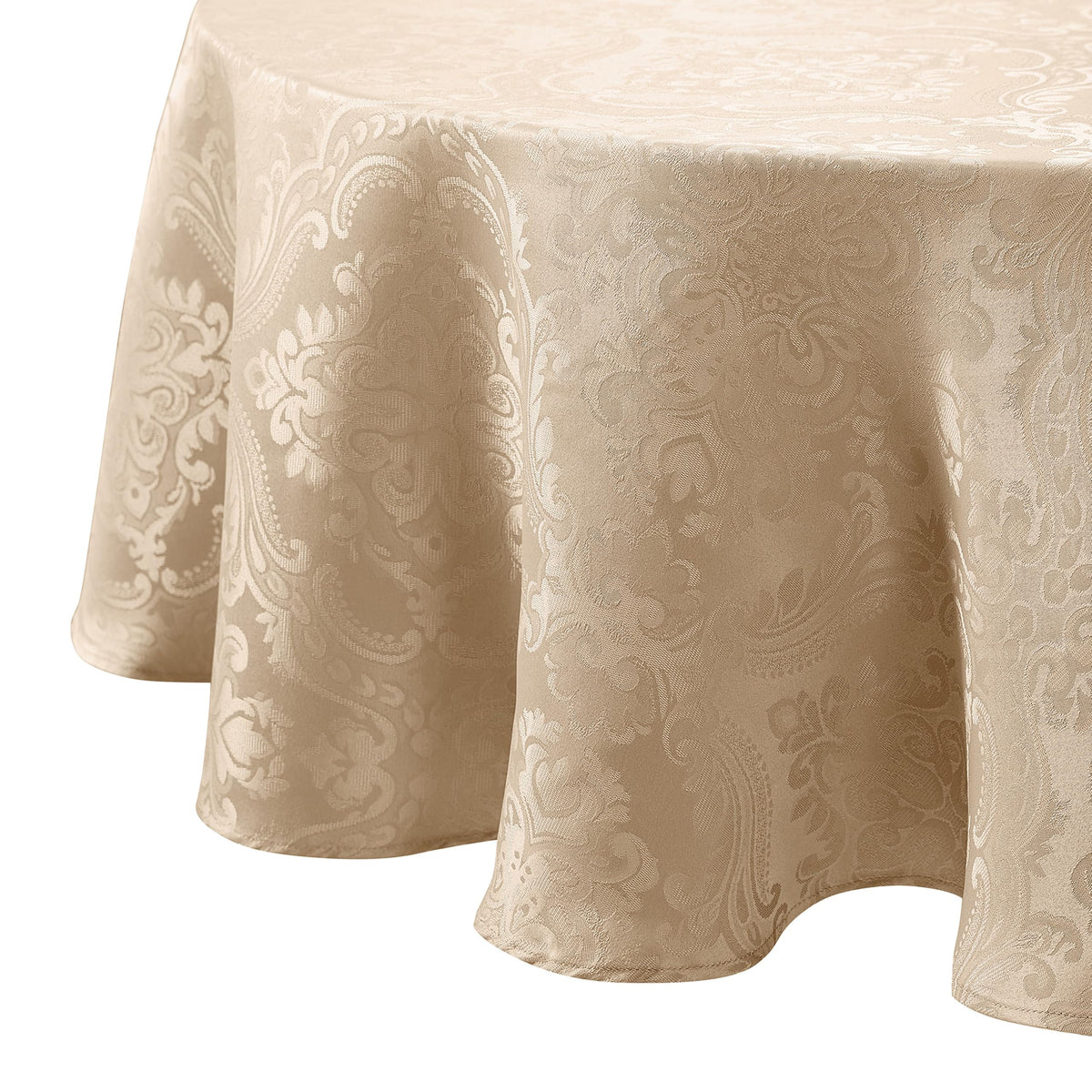 Threadmade Caiden taupe front view showing full round table coverage and elegant finish