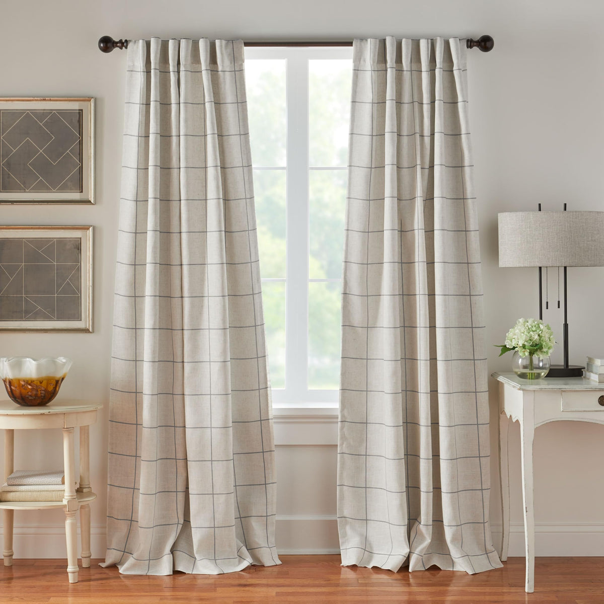 Threadmade front panel showing full gray windowpane plaid and blackout effect