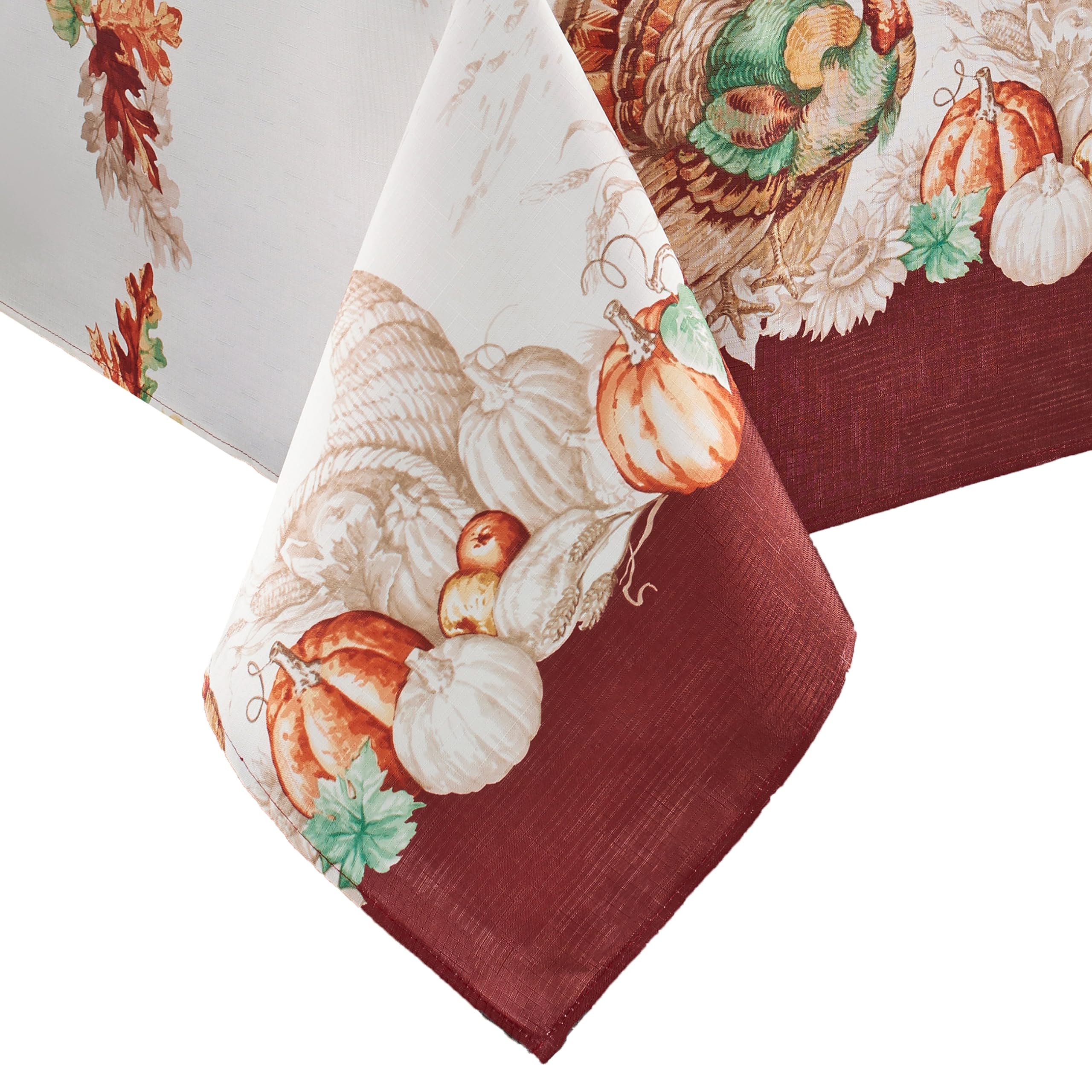 Threadmade front view of full tablecloth showing turkey border and clean white center, perfect focal point