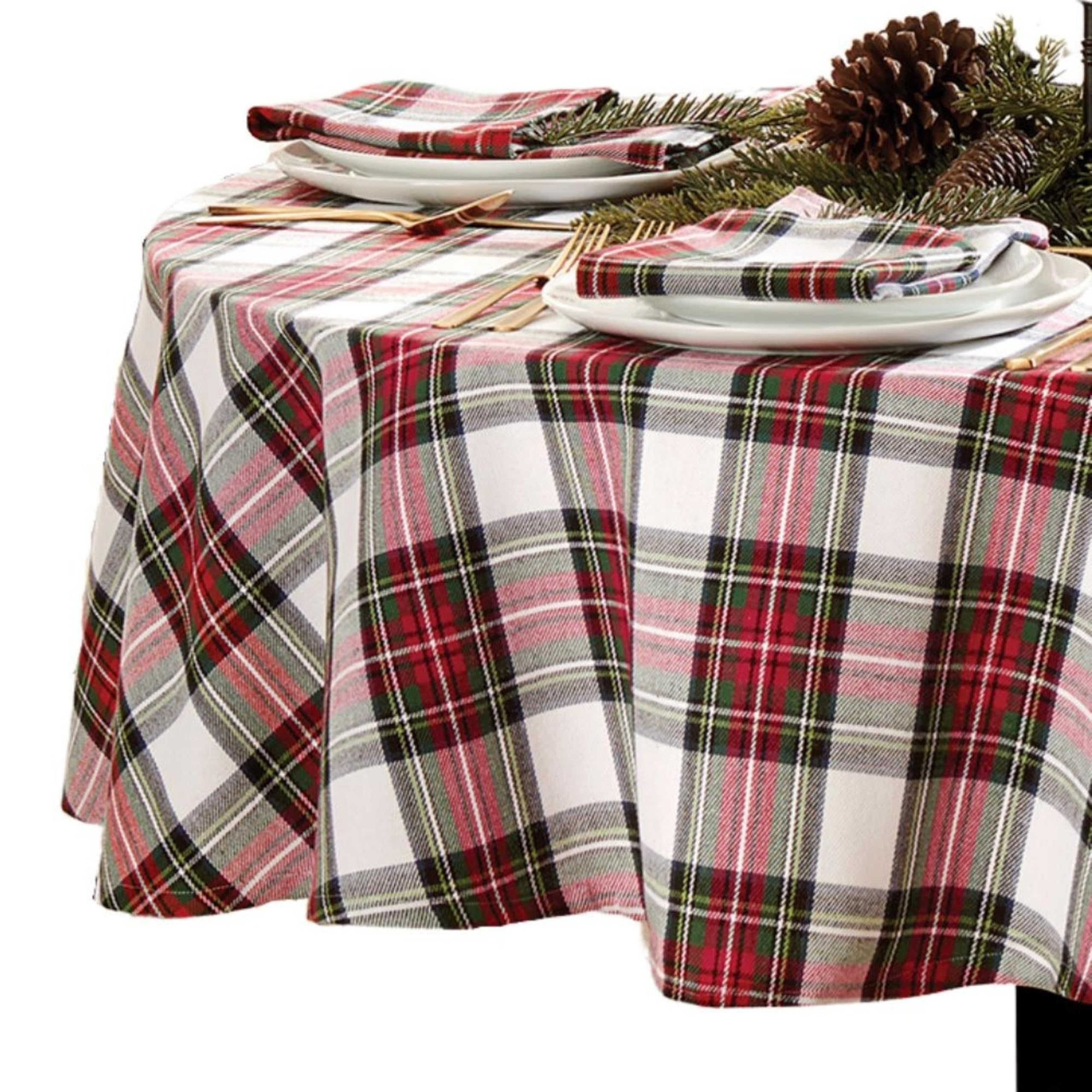 Threadmade front view of 70-inch round plaid tablecloth showing full festive pattern and coverage