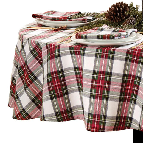 Threadmade front view of 70-inch round plaid tablecloth showing full festive pattern and coverage