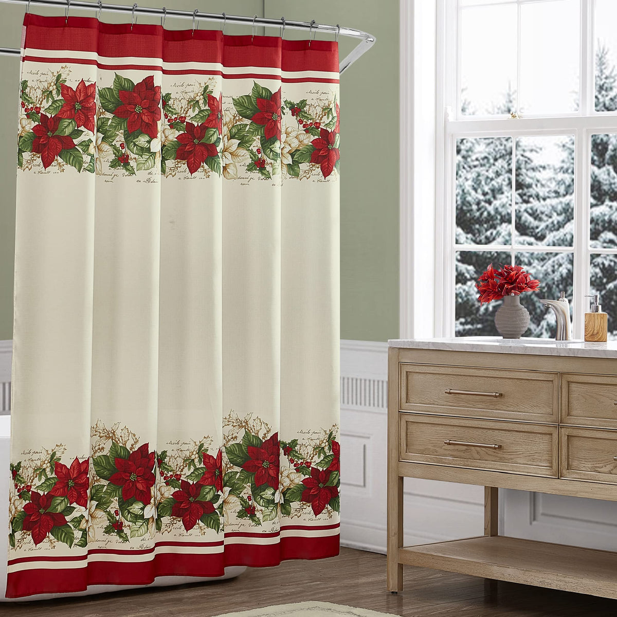 Threadmade front view of poinsettias curtain showing holiday border design benefit: festive focal point