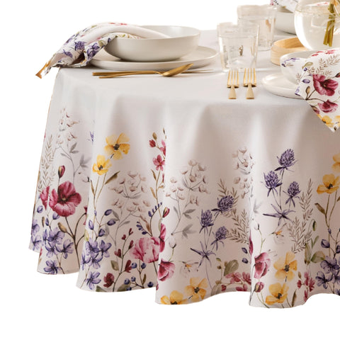 Threadmade tablecloth front view showing multicolor floral border and neutral center benefit: seasonal style