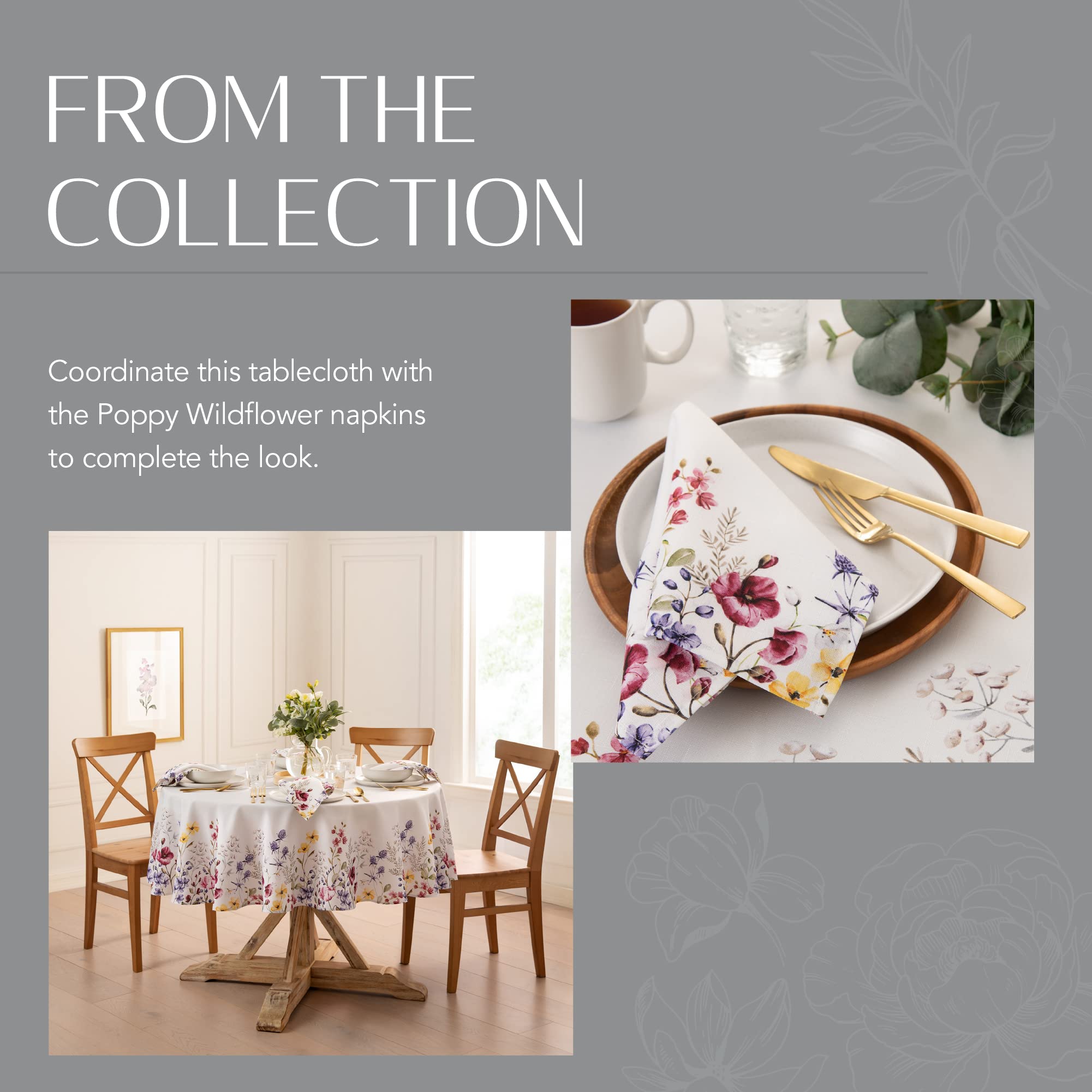 Threadmade cloth on table with chairs to show 60 by 84 inch scale and proper drop