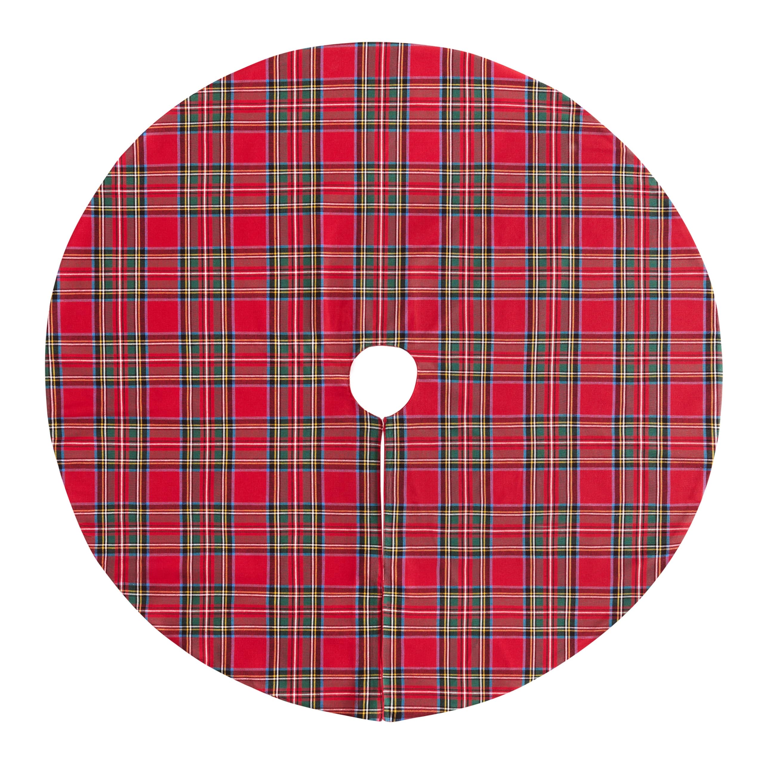 Threadmade front view of red tartan tree skirt showing classic festive styling