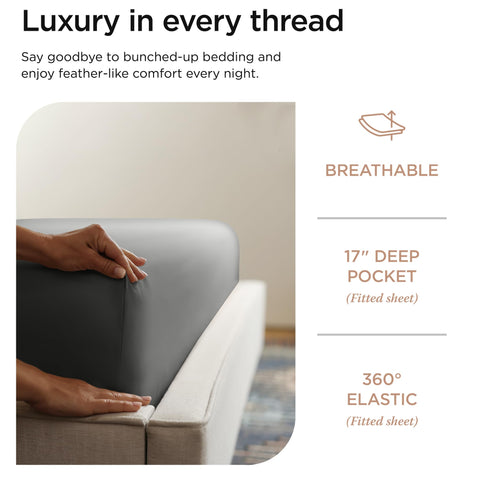 Threadmill sheets styled on a bed in dark grey illustrating a calm bedroom aesthetic