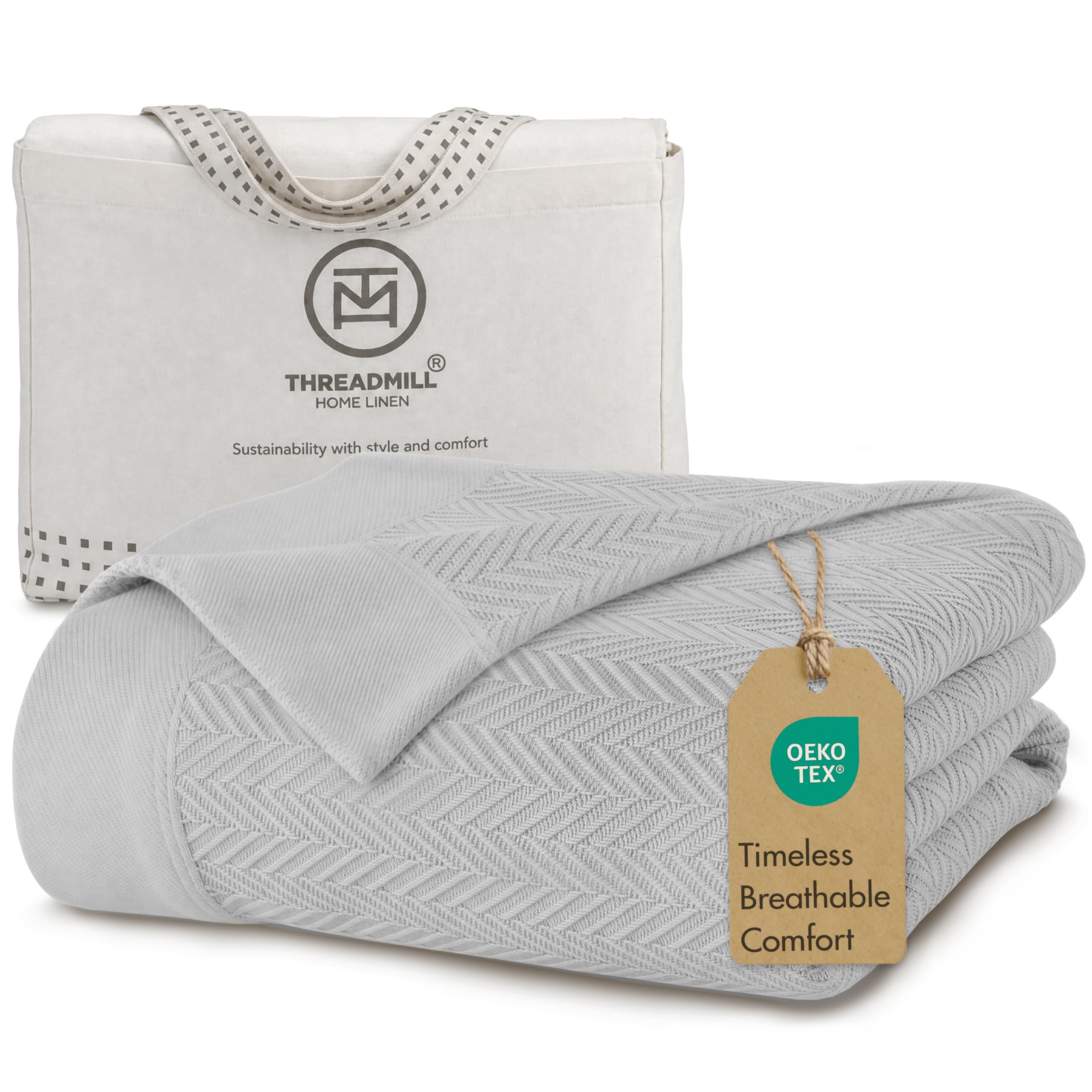 Threadmill folded blanket front view showing light grey color and plush look