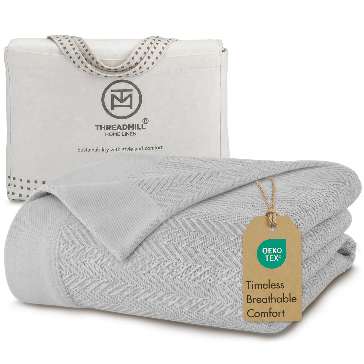 Threadmill folded blanket front view showing light grey color and plush look