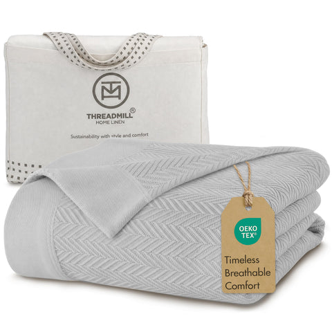 Threadmill folded blanket front view showing light grey color and plush look