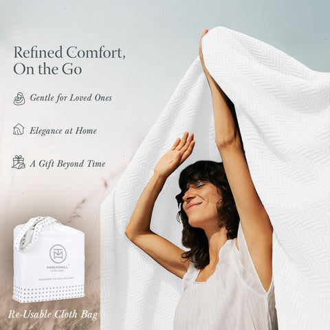 Threadmill blanket edge and label close-up showcasing quality stitching and care info