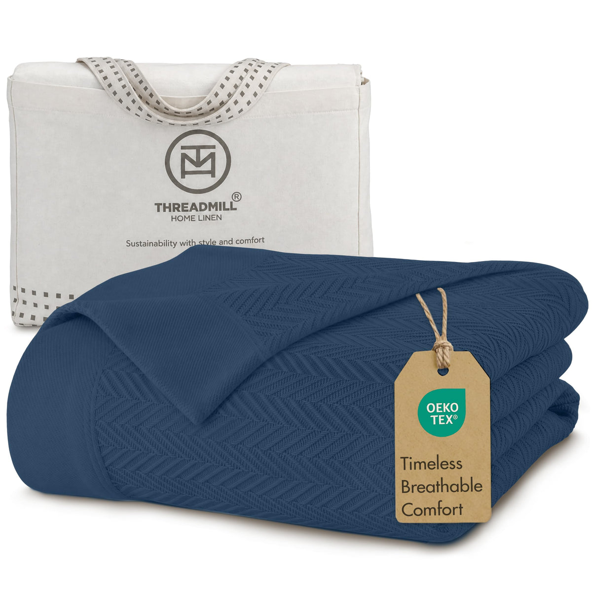 Threadmill Folkstone Blue blanket front folded showing neat finish and inviting comfort