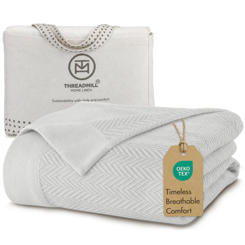 Threadmill front folded blanket showing neat herringbone texture and cozy appeal