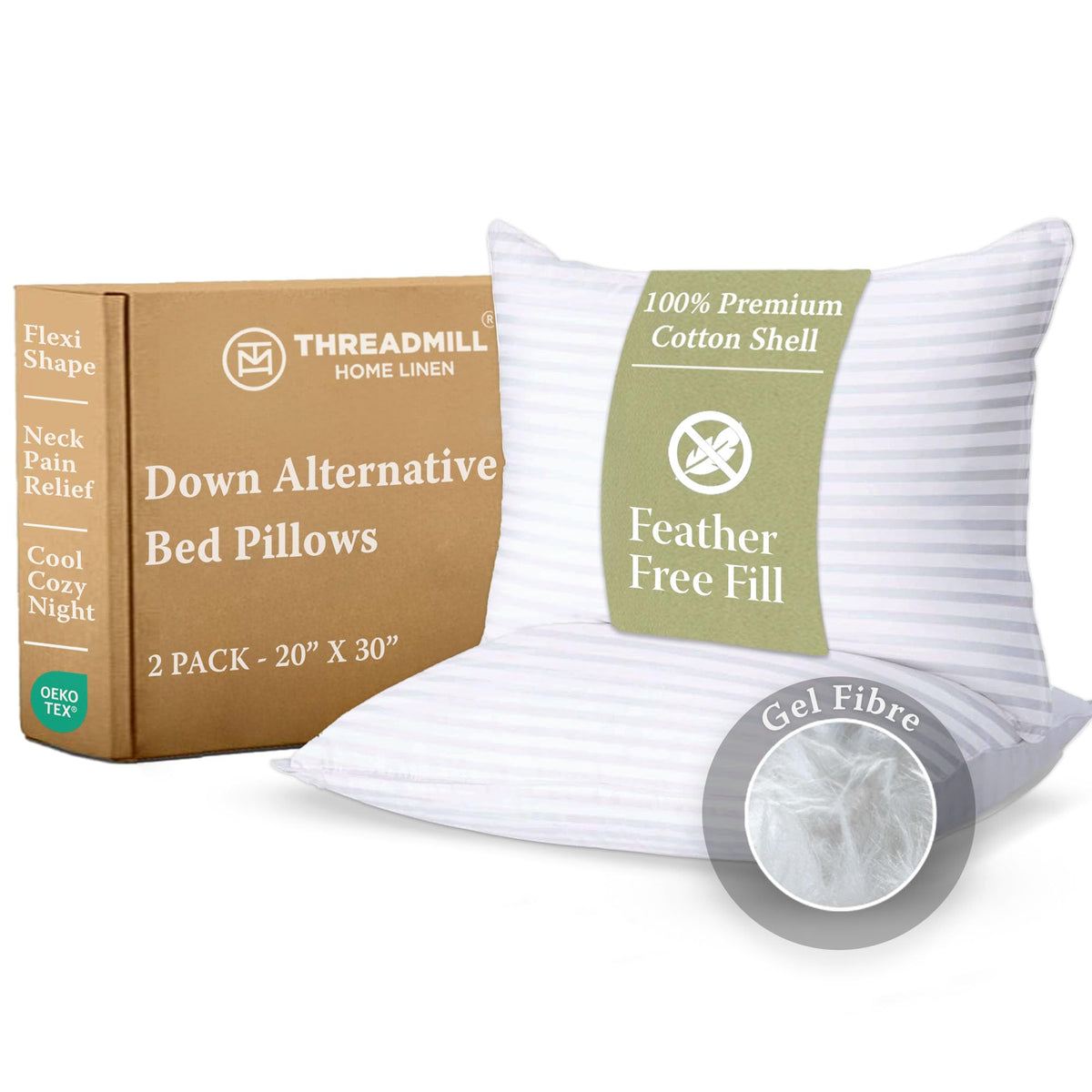Threadmill front packaging showing two queen pillows and brand clarity