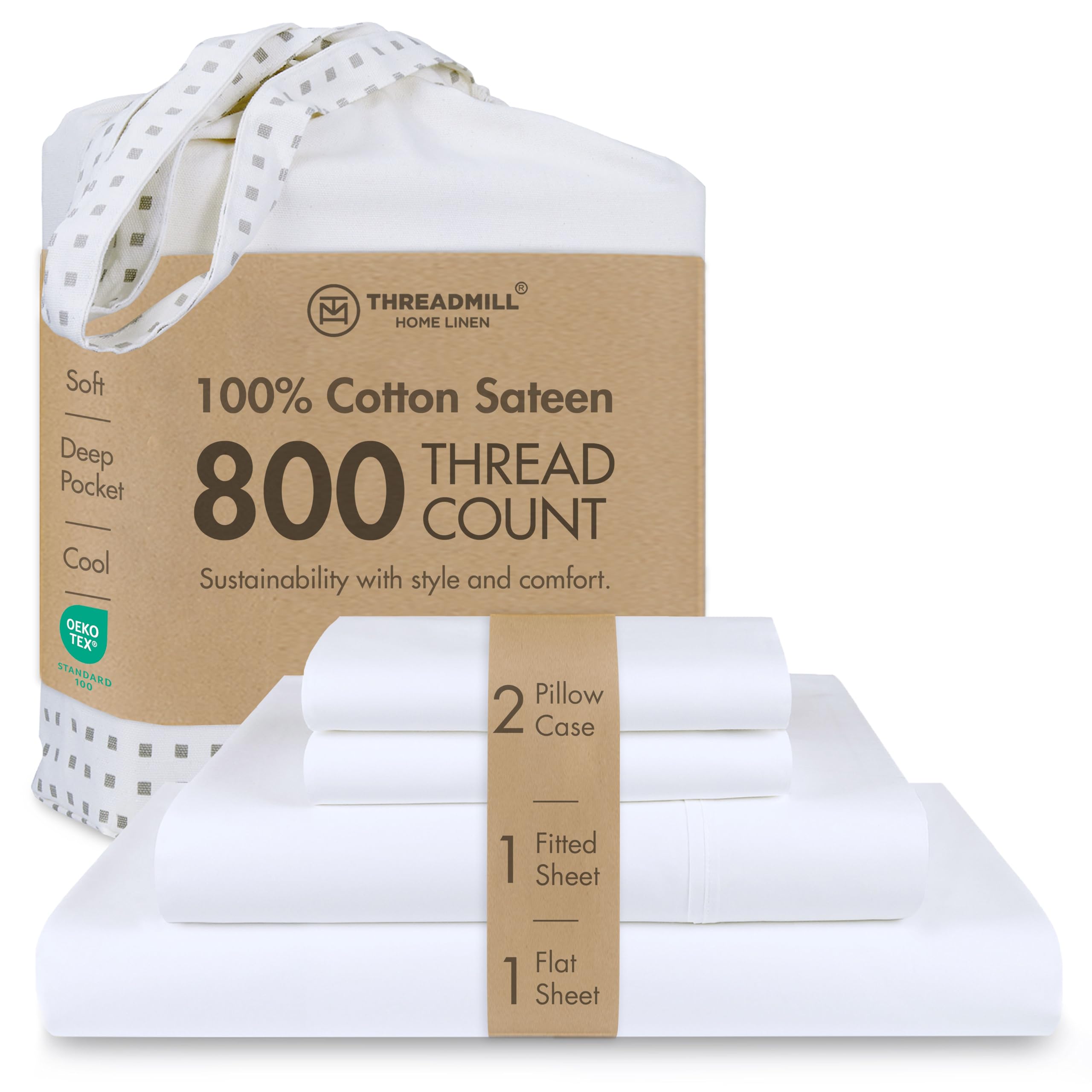 Threadmill front packaging showing white queen sheet set and neat fold for easy storage