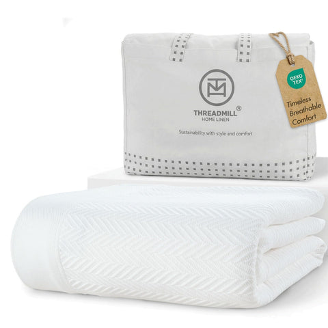 Threadmill king blanket front view showing bright white finish and generous coverage
