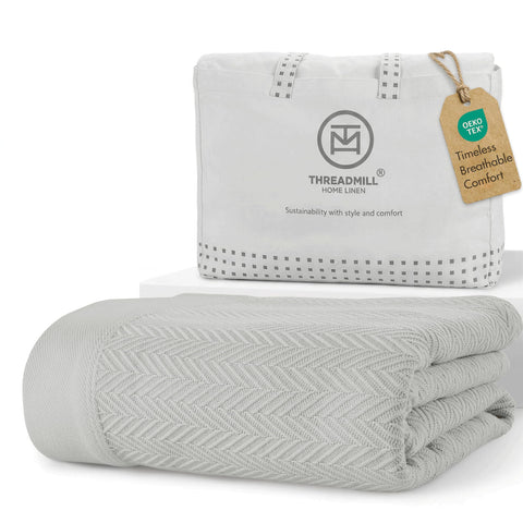 Threadmill light grey blanket front view showing elegant finish and cozy appeal