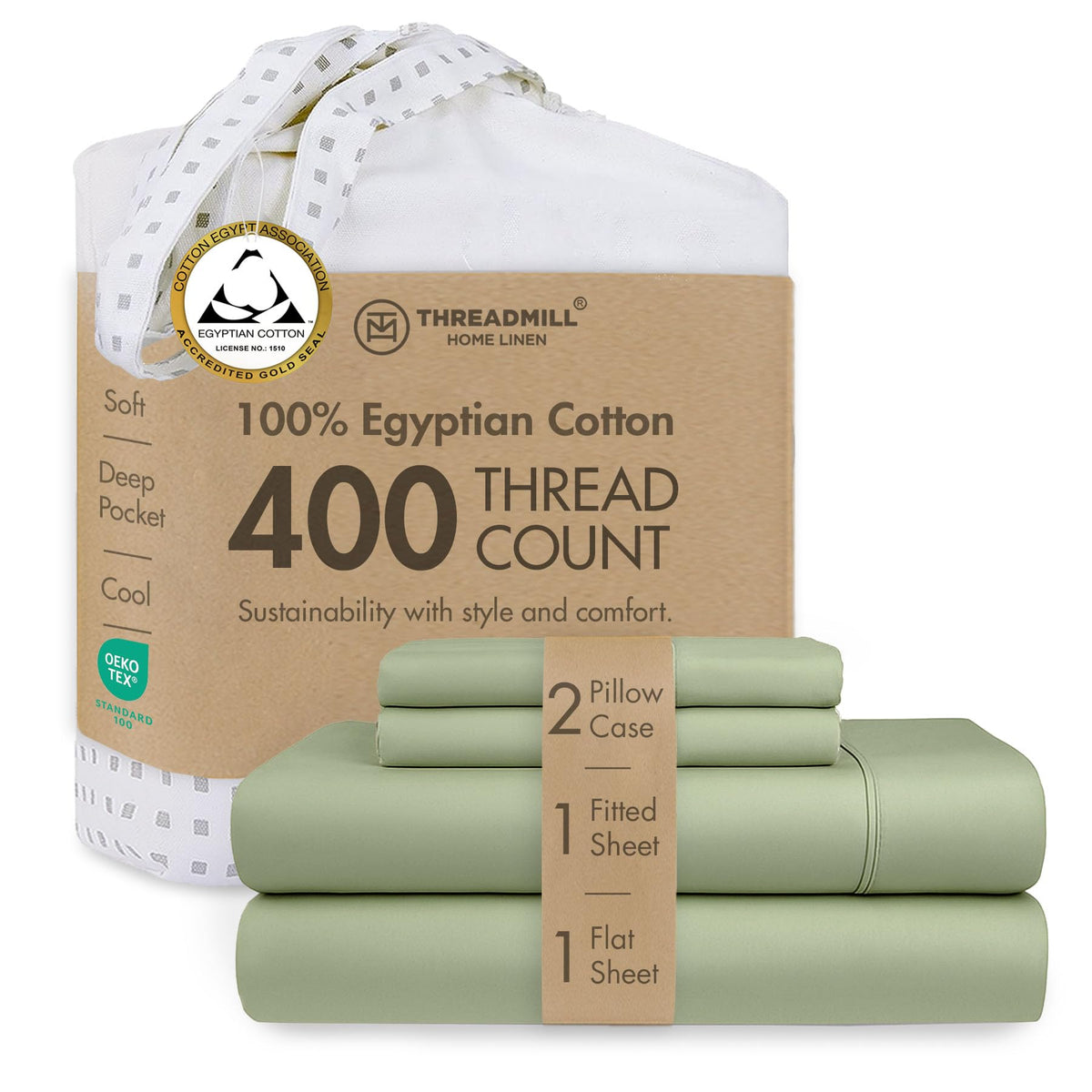 Threadmill queen sheet set front view in sage green showing neat fold and smooth finish