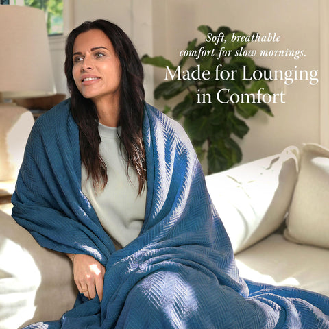 Threadmill queen blanket draped over bed providing full coverage and refined color
