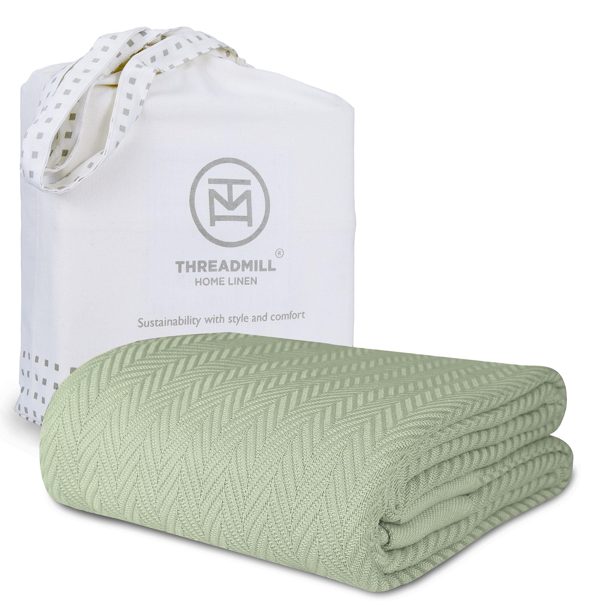Threadmill sage green blanket front view showing cozy coverage