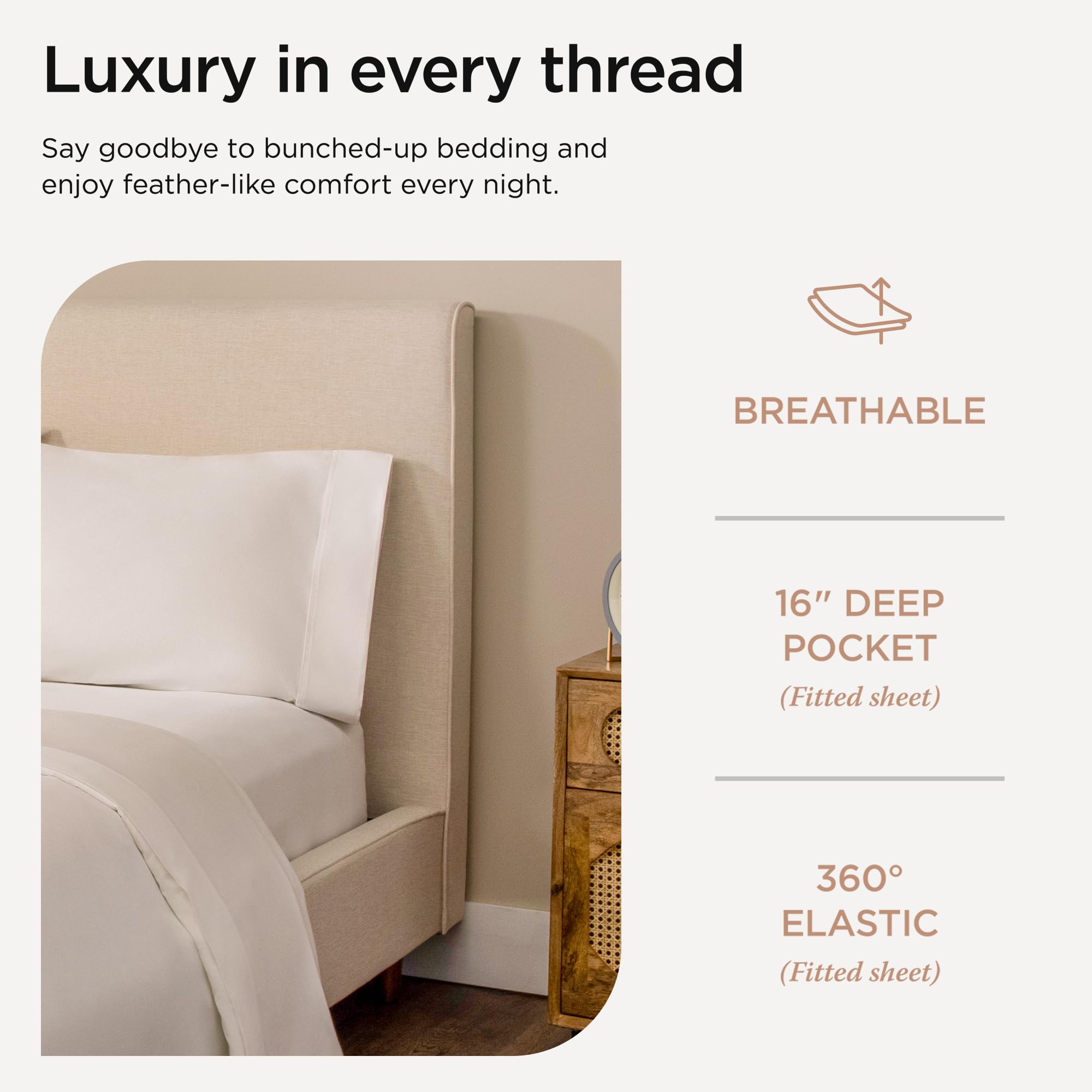 Threadmill sheet set on a made bed in a bright bedroom conveying hotel-like elegance