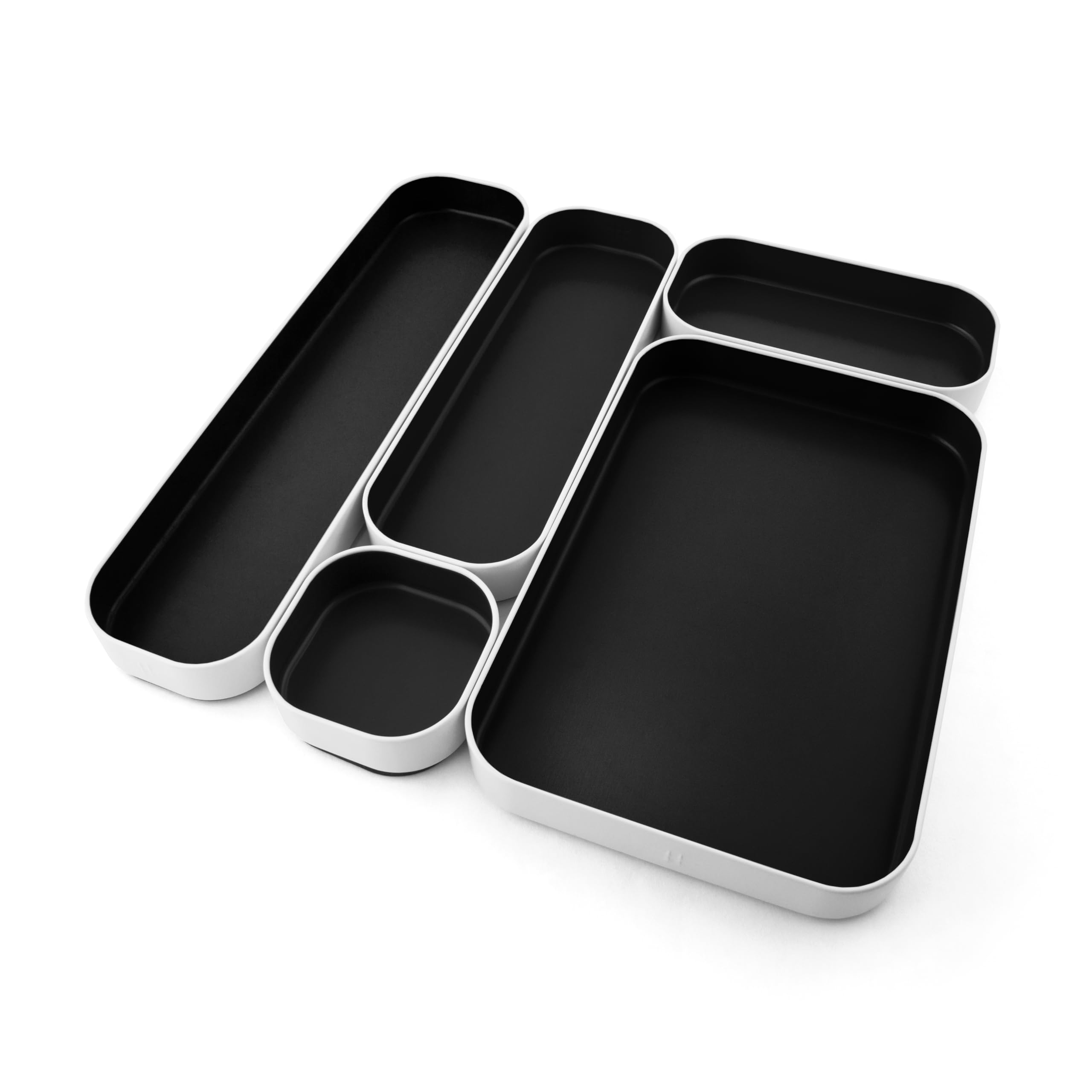 Three by Three Seattle front view of black 5-piece tray set showing organized look