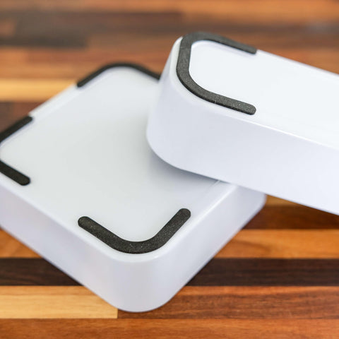 Three by Three Seattle trays beside phone and keys showing scale and capacity