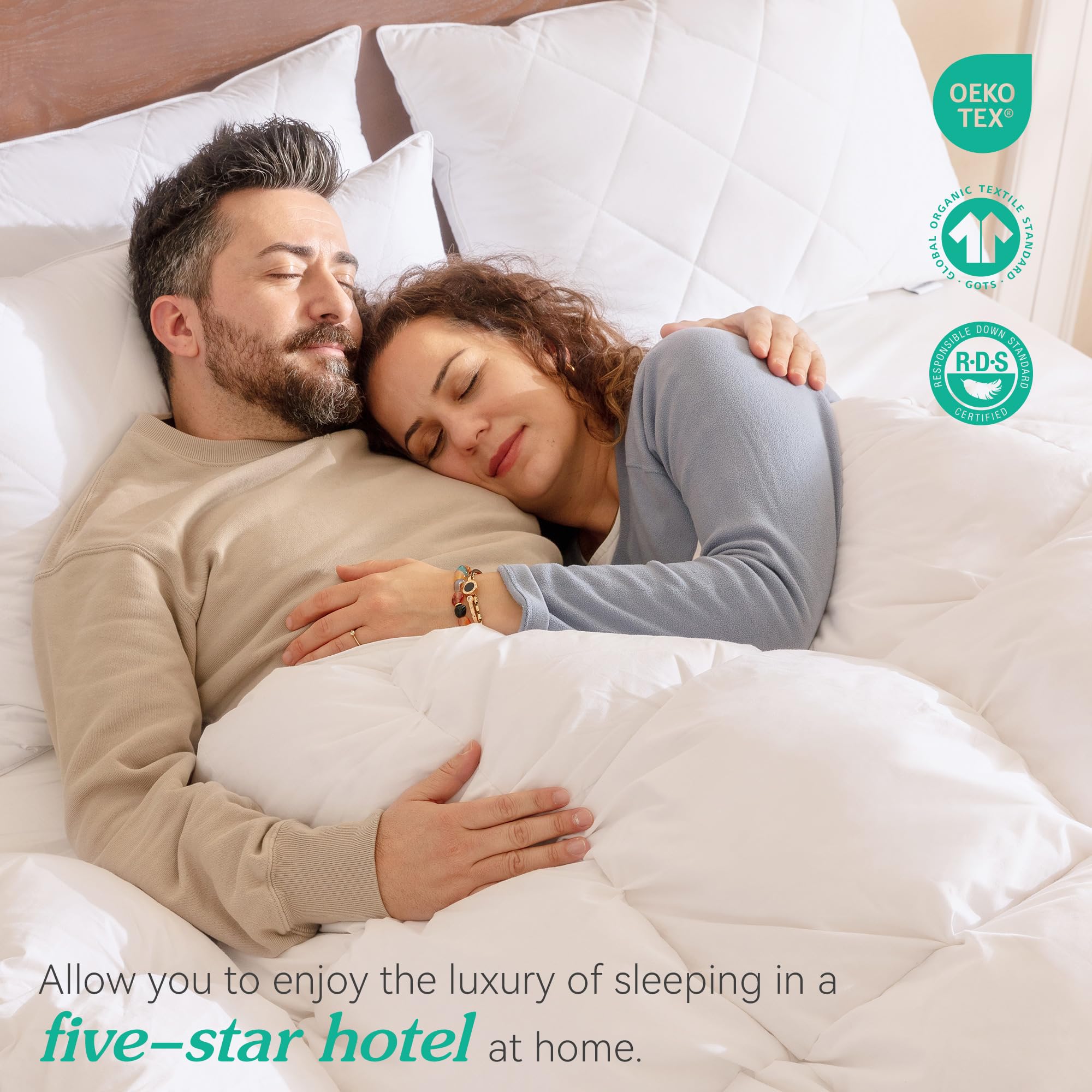 Three Geese pillow on made bed illustrating comfortable, breathable sleep surface