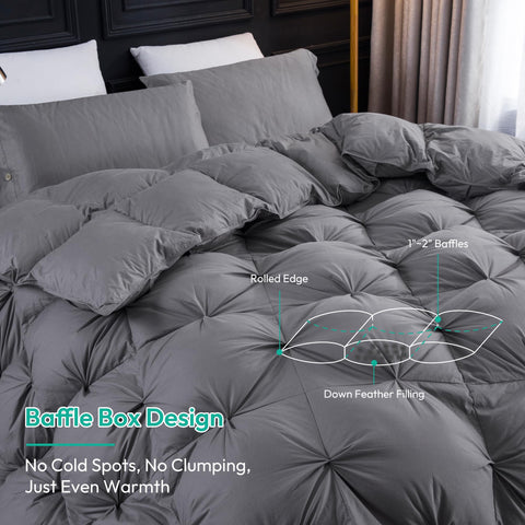 Three Geese comforter on bed for size comparison and balanced warmth