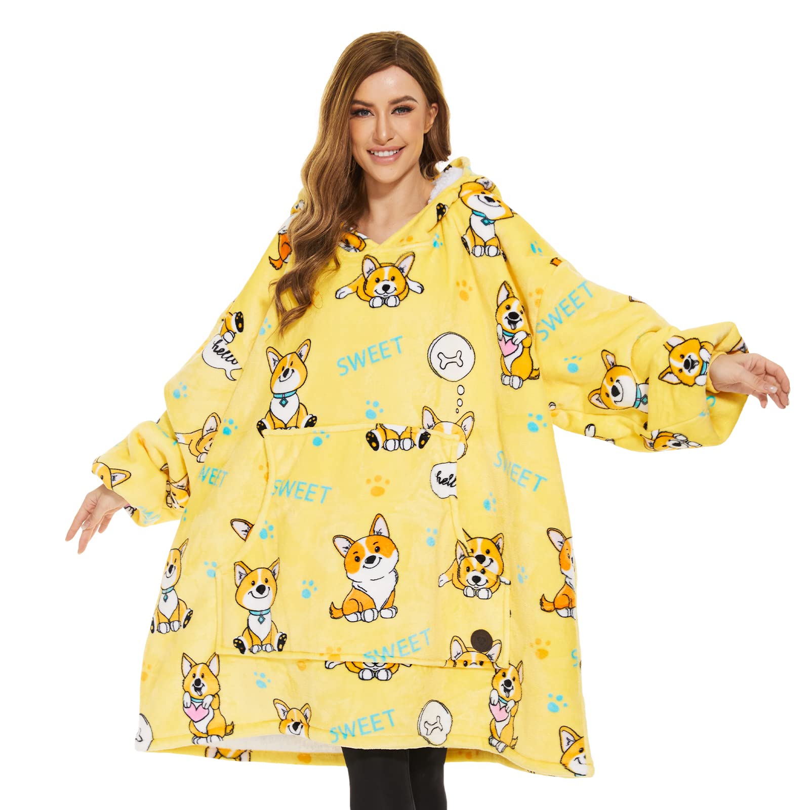 THREE POODLE front view oversized wearable blanket shows cozy fit and warm coverage