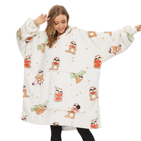 THREE POODLE front view of oversized hoodie blanket showing cozy fit and coverage