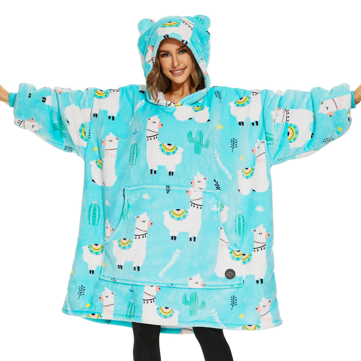 THREE POODLE front view hoodie showing oversized cozy fit and warmth