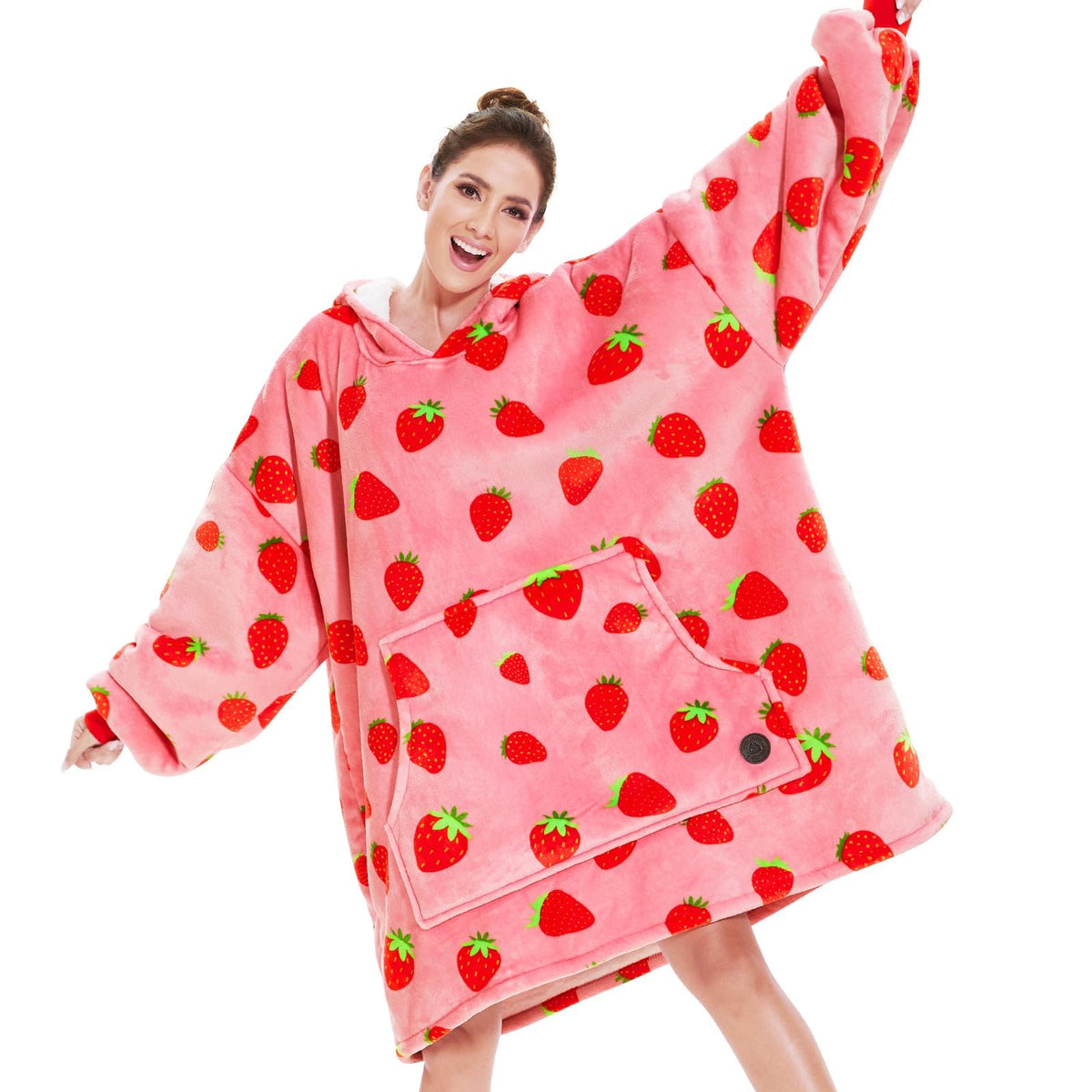 THREE POODLE front view of oversized hooded blanket showing cozy fit and design benefit