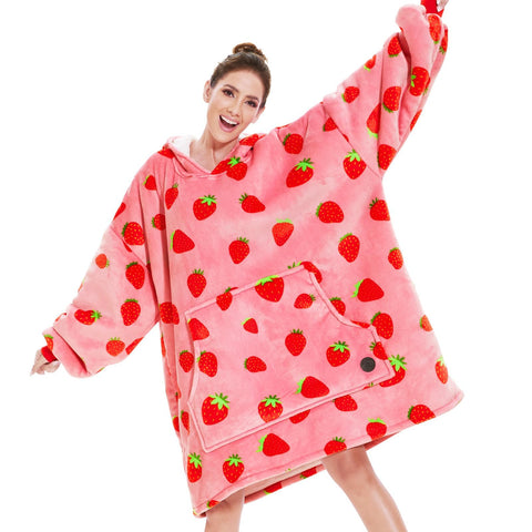 THREE POODLE front view of oversized hooded blanket showing cozy fit and design benefit