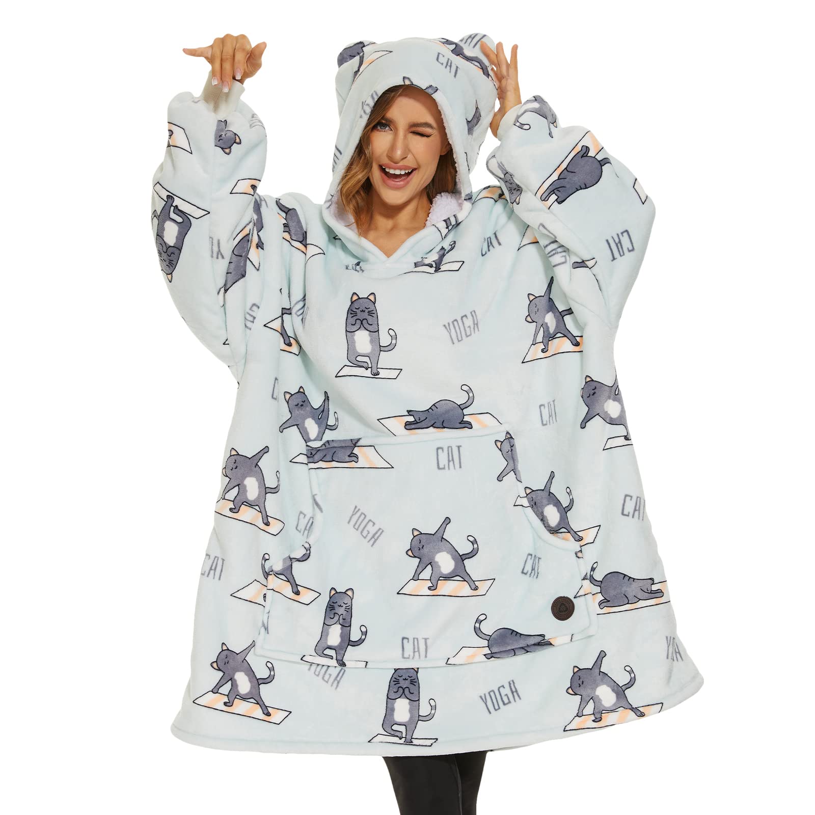 THREE POODLE front view of oversized wearable blanket hoodie showing full fit and coverage