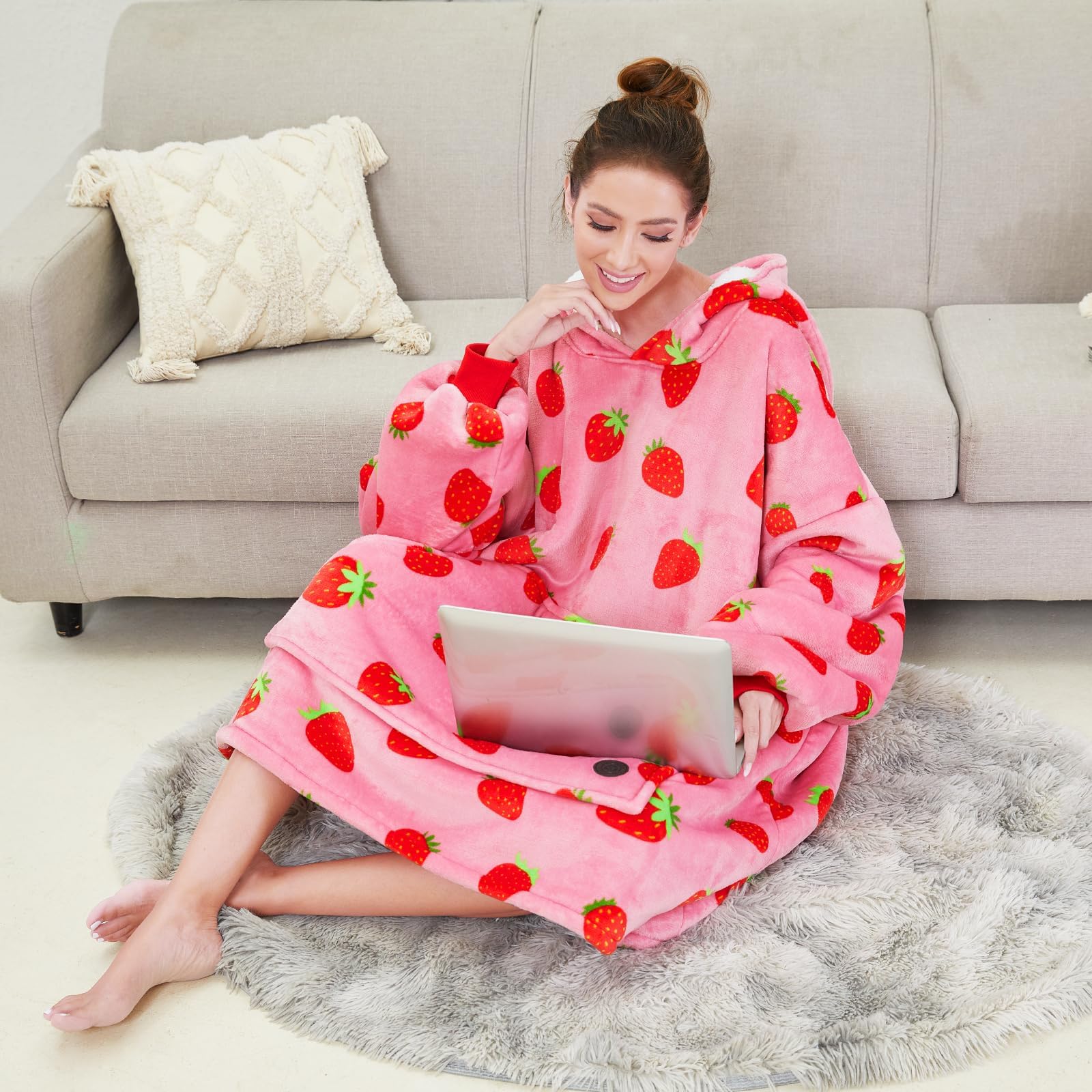THREE POODLE model wearing hoodie showing size and oversized scale for coverage