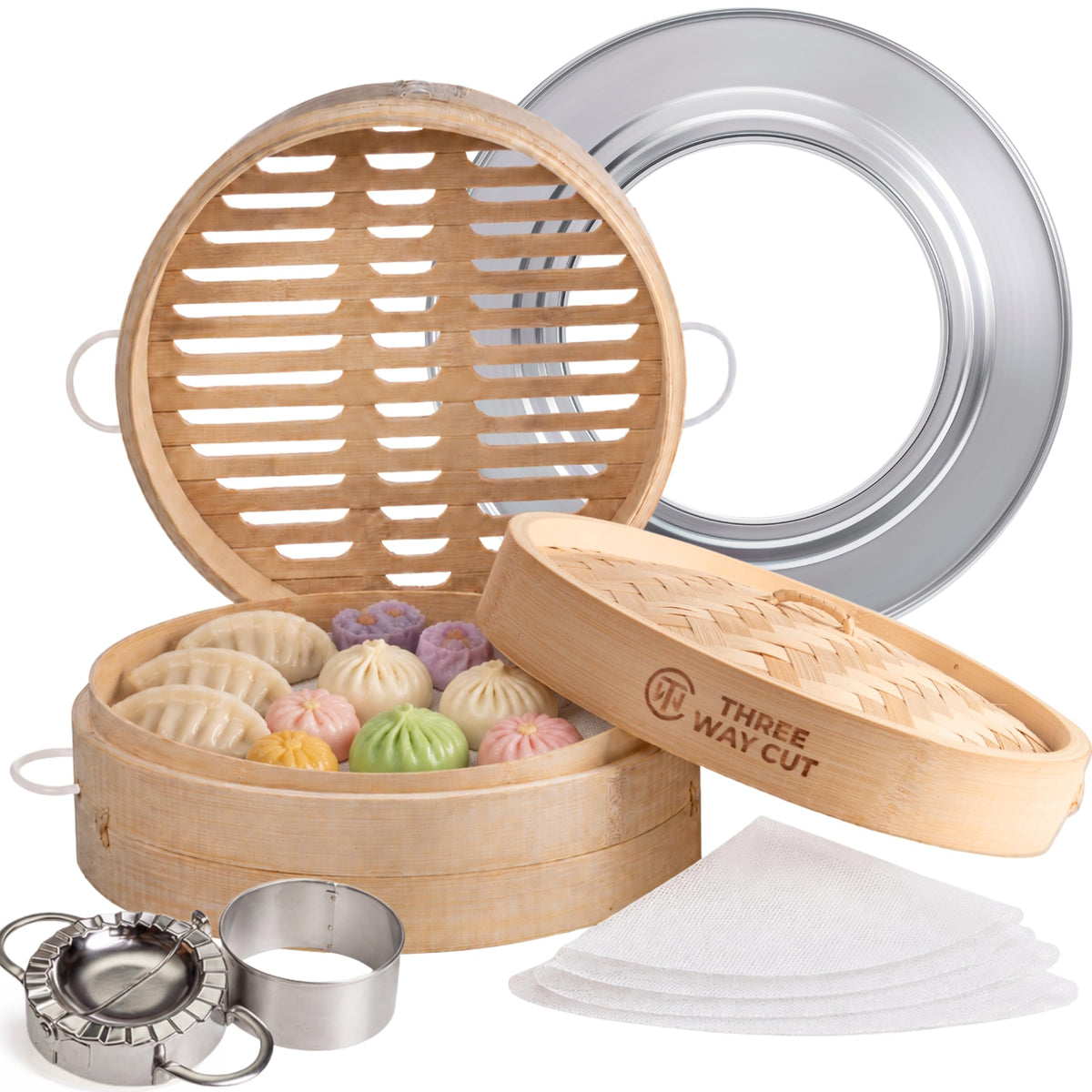 Three Way Cut front view of 10 inch bamboo steamer showing tiers and lid, appealing presentation