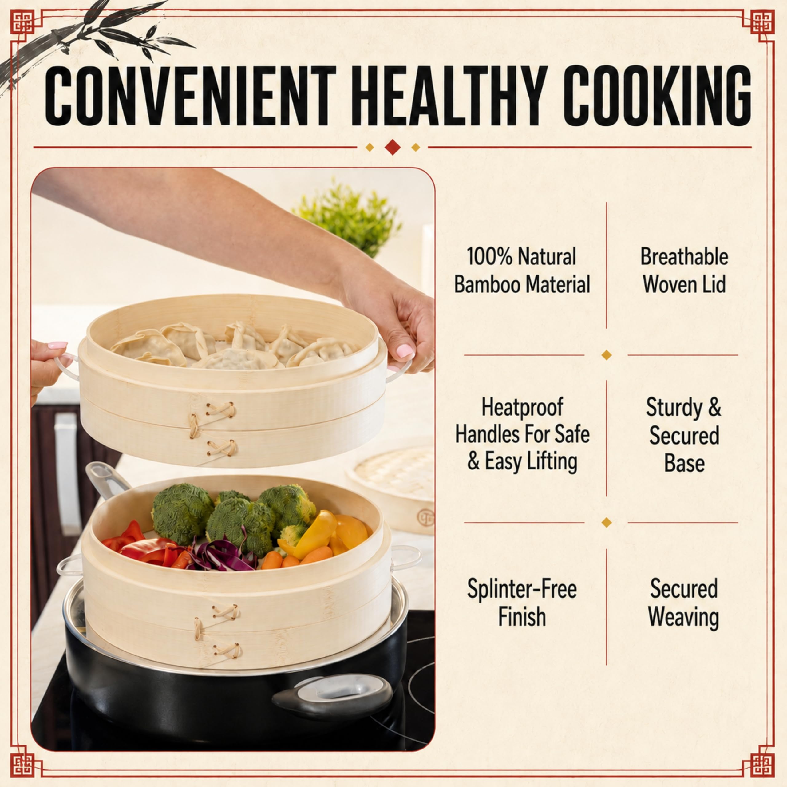 Three Way Cut two-tier steamer on stovetop with dumplings, efficient simultaneous cooking