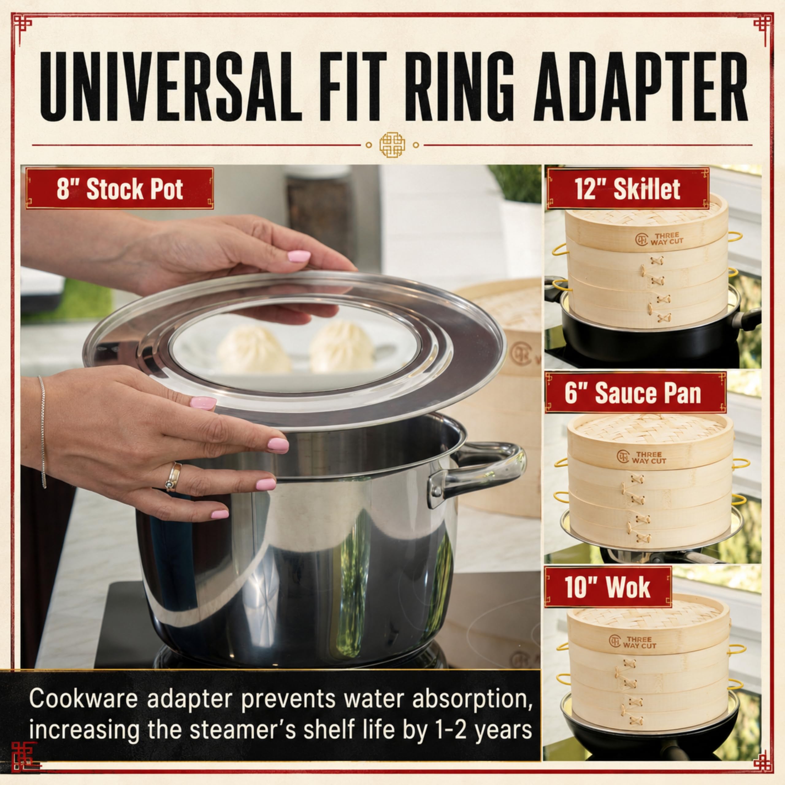 Three Way Cut reusable silicone liners inside steamer, prevents sticking and simplifies cleaning
