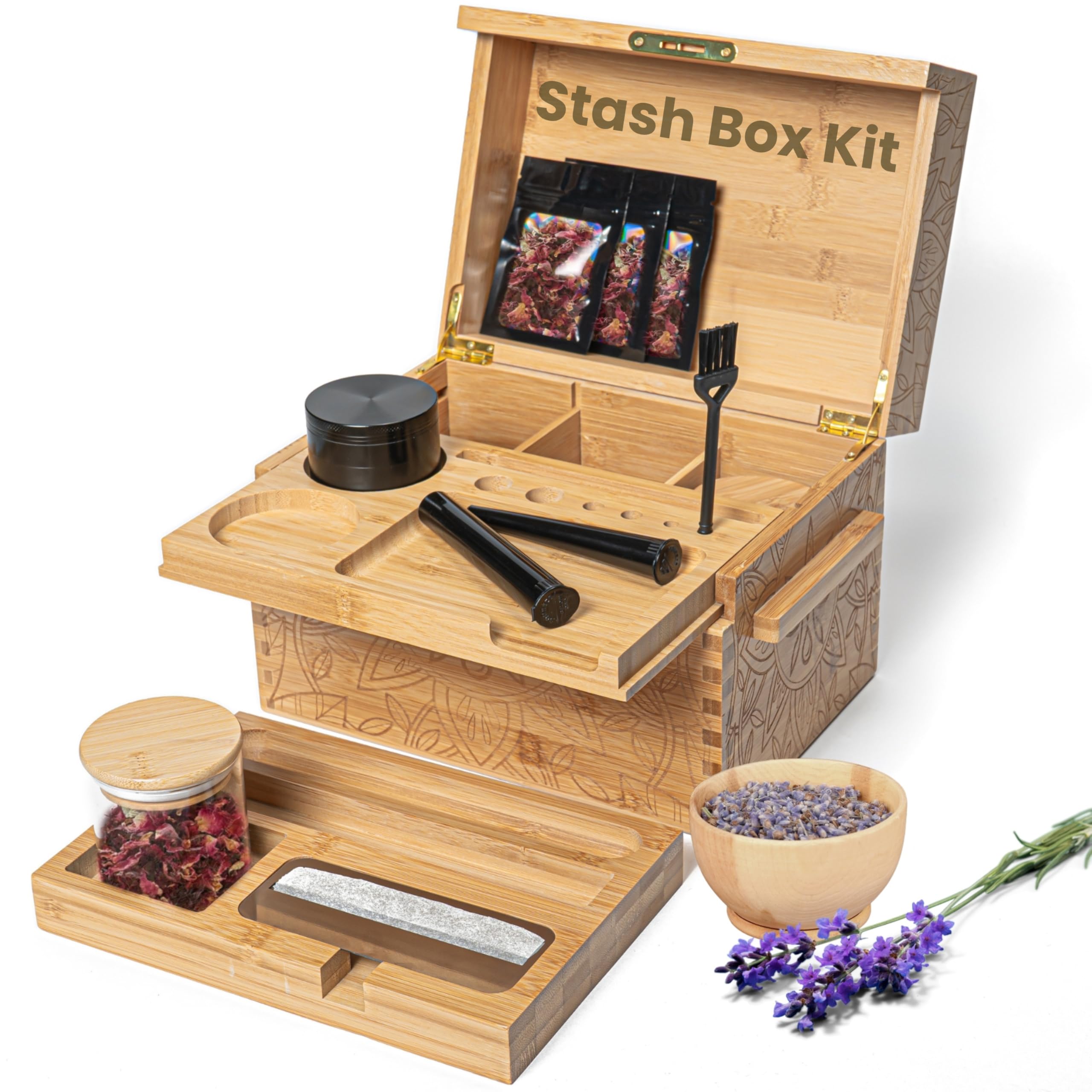 Three Way Cut bamboo stash box front view showing sleek lockable design and discreet storage