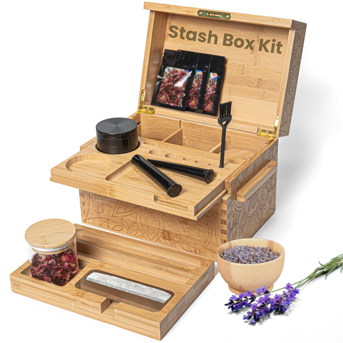 Three Way Cut bamboo stash box front view showing sleek lockable design and discreet storage